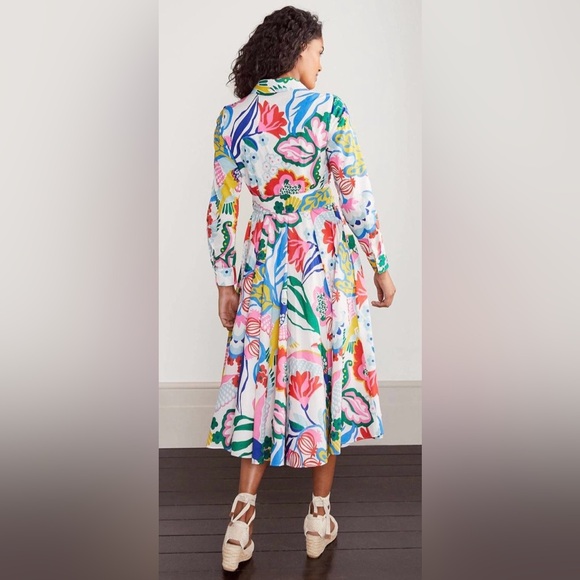 Boden Whimsical Colorful Floral Bird Print Tie Waist Shirt Midi Dress - Picture 3 of 11